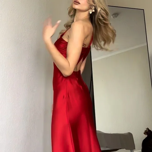 ZARA ASYMMETRIC SATIN EFFECT MIDI DRESS RED XS - Picture 13 of 16